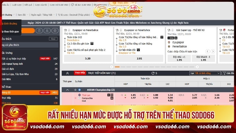 Thử sức với rất nhiều hạn mức được hỗ trợ trên Thể thao SODO66